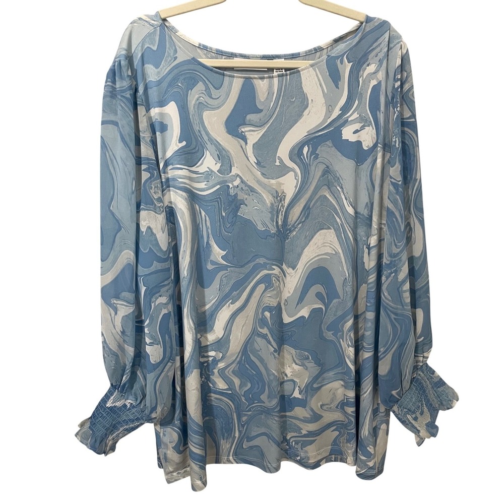 Susan Graver Size 3X Blue Marble Liquid Knit Top Chiffon Smock Sleeves